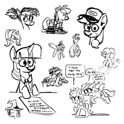Size: 2048x2048 | Tagged: safe, artist:horsewizardart, imported from derpibooru, applejack, fluttershy, pinkie pie, rainbow dash, trixie, twilight sparkle, earth pony, pegasus, pony, unicorn, alternate hairstyle, black and white, bust, female, grayscale, hat, high res, mare, monochrome, ponytail, shoes, simple background, sketch, sketch dump, sneakers, speech bubble, thought bubble, trucker hat, unicorn twilight, white background
