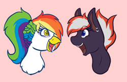 Size: 640x414 | Tagged: safe, artist:mscolorsplash, imported from derpibooru, oc, oc only, oc:bishop, oc:rainbow feather, griffon, hippogriff, pony, bust, commission, duo, ear piercing, earring, female, griffon oc, interspecies offspring, jewelry, looking at each other, looking at someone, magical lesbian spawn, offspring, open mouth, open smile, parent:gilda, parent:rainbow dash, parents:gildash, piercing, pink background, simple background, smiling