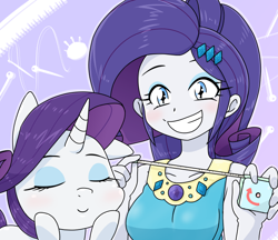 Size: 740x640 | Tagged: safe, artist:batipin, imported from derpibooru, part of a set, rarity, human, pony, unicorn, equestria girls, duo, eyes closed, female, grin, hooves on cheeks, human ponidox, looking at you, mare, measuring tape, rarity peplum dress, self paradox, self ponidox, smiling, teeth