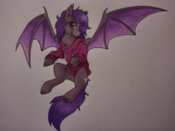 Size: 4624x3472 | Tagged: safe, anonymous artist, imported from derpibooru, oc, oc:midnight purple, bat pony, clothes, facial markings, flying, hoodie, looking at you, male, solo, traditional art