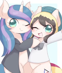 Size: 1217x1431 | Tagged: safe, artist:ginmaruxx, imported from derpibooru, oc, oc only, earth pony, pony, unicorn, bipedal, blushing, clothes, cute, duo, duo female, eye clipping through hair, female, hat, horn, jacket, looking at you, mare, ocbetes, one eye closed, open mouth, open smile, simple background, smiling, smiling at you, torn ear, white background, wink, winking at you