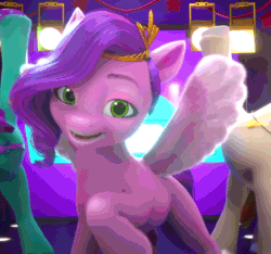 Size: 1054x988 | Tagged: safe, imported from derpibooru, screencap, pipp petals, earth pony, pegasus, pony, spoiler:my little pony: make your mark, adorapipp, animated, cute, female, female focus, g5, gif, jazz hooves, jewelry, looking at you, male, mare, my little pony: make your mark, my little pony: make your mark chapter 1, offscreen character, offscreen male, one eye closed, regalia, rocky riff, smiling, smiling at you, solo focus, spread wings, stallion, trio, wings, wink, winking at you