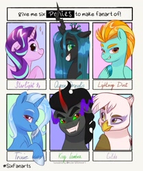 Size: 1715x2048 | Tagged: safe, artist:artharuhi, imported from derpibooru, gilda, king sombra, lightning dust, queen chrysalis, starlight glimmer, trixie, changeling, changeling queen, griffon, pegasus, pony, unicorn, six fanarts, female, grin, male, mare, sharp teeth, smiling, stallion, teeth, unshorn fetlocks