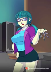 Size: 1240x1754 | Tagged: safe, artist:brother-tico, imported from derpibooru, juniper montage, human, equestria girls, movie magic, spoiler:eqg specials, breasts, busty juniper montage, female, glasses, key, open mouth, solo