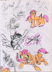 Size: 2214x3057 | Tagged: safe, artist:ja0822ck, imported from derpibooru, queen chrysalis, sunny starscout, twilight sparkle, alicorn, earth pony, pony, book, g5, knife, marionette, rocket, spitting, traditional art, twilight sparkle (alicorn)