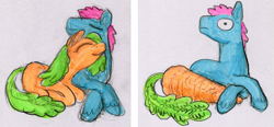 Size: 2755x1278 | Tagged: safe, artist:ja0822ck, imported from derpibooru, oc, pony, carrot, food, traditional art