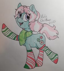 Size: 768x850 | Tagged: safe, artist:eva-dayz, imported from derpibooru, minty, earth pony, pony, a very minty christmas, christmas, clothes, cute, freckles, g3, g3 to g4, g4, generation leap, holiday, mintabetes, pink hair, pink mane, purple eyes, scarf, short tail, socks, solo, striped socks, tail, traditional art, waving, winter, winter outfit