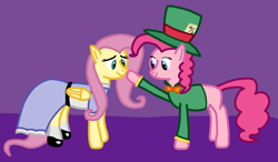 Size: 2120x1234 | Tagged: safe, artist:freestadiumtix, imported from derpibooru, fluttershy, pinkie pie, earth pony, pegasus, pony, alice in wonderland, boop, clothes, crossover, cute, dress, duo, female, mad hatter, mare, mary janes, noseboop, purple background, secret santa, shoes, simple background