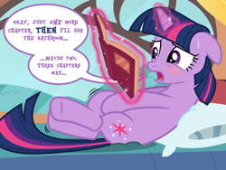 Size: 8000x6000 | Tagged: safe, artist:ithinkitsdivine, imported from derpibooru, twilight sparkle, pony, unicorn, absurd resolution, bed, blushing, book, bookworm, covering, covering crotch, crossed legs, desperation, dialogue, female, fetish, floppy ears, golden oaks library, lying down, magic, need to pee, obsession, omorashi, on back, pillow, potty dance, potty emergency, potty time, reading, show accurate, sitting, solo, squirming, struggling, sweat, that pony sure does love books, unicorn twilight