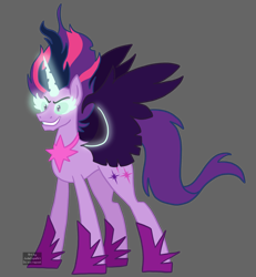 Size: 1426x1546 | Tagged: safe, artist:queertrixie, imported from derpibooru, sci-twi, twilight sparkle, alicorn, pony, equestria girls, black background, equestria girls ponified, evil grin, eyebrows, female, grin, mare, midnight sparkle, ponified, simple background, smiling, solo, spread wings, wings