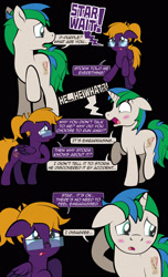 Size: 1920x3168 | Tagged: safe, artist:alexdti, imported from derpibooru, oc, oc only, oc:purple creativity, oc:star logic, pegasus, pony, unicorn, comic:quest for friendship, black background, blushing, comic, crying, dialogue, duo, female, floppy ears, folded wings, glasses, high res, hoof on chest, hooves, hooves behind head, horn, looking at each other, looking at someone, looking back, male, mare, misspelling, narrowed eyes, open mouth, pegasus oc, raised hoof, raised leg, shrunken pupils, simple background, speech bubble, stallion, standing, tail, two toned mane, two toned tail, unicorn oc, wings, yelling