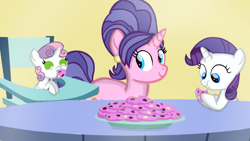 Size: 1280x720 | Tagged: safe, artist:mlplary6, imported from derpibooru, cookie crumbles, rarity, sweetie belle, pony, unicorn, baby, baby belle, baby sweetie belle, belle sisters, cookie, cute, eating, female, filly, filly rarity, foal, food, mare, mother and child, mother and daughter, siblings, sisters, smiling, younger