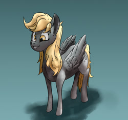 Size: 1652x1552 | Tagged: safe, artist:ceugenese, imported from derpibooru, derpy hooves, pegasus, pony, blue background, cute, female, gray coat, mare, simple background, smiling, solo, wings, yellow eyes, yellow hair