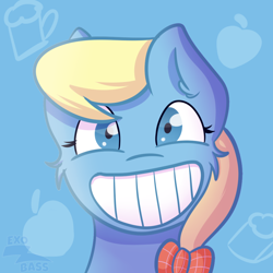 Size: 1000x1000 | Tagged: safe, artist:exobass, imported from derpibooru, pony, apple cider, apple cider (g4), apple family member, bow, bust, expression, grin, smiling, solo, teeth