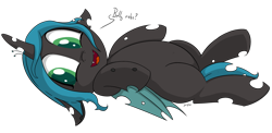 Size: 2147x1051 | Tagged: safe, artist:soccy, imported from derpibooru, queen chrysalis, changeling, changeling queen, nymph, bellyrubs, cute, cutealis, fangs, female, filly, floppy ears, foal, looking at you, lying down, simple background, solo, transparent background