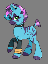 Size: 774x1032 | Tagged: safe, artist:eva-dayz, imported from derpibooru, oc, pony, zebra, bracelet, choker, clothes, collar, colored hooves, ear piercing, earring, facial markings, female, fishnets, jewelry, leg warmers, mare, markings, piercing, punk, redesign, short tail, stripes, tail, zebra oc