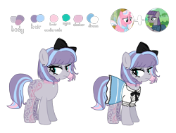 Size: 3464x2615 | Tagged: safe, artist:meimisuki, artist:vernorexia, imported from derpibooru, clear sky, maud pie, oc, earth pony, base used, blue mane, bow, choker, clothed ponies, clothes, color palette, commission, crystal, dress, ear piercing, earring, eyeshadow, female, frilly dress, fusion, goth, gothic, gothic lolita, gray coat, hair bow, jewelry, lolita fashion, makeup, mare, markings, multicolored mane, necklace, piercing, pink mane, purple mane, reference sheet, simple background, transparent background