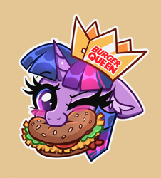 Size: 3120x3456 | Tagged: safe, artist:confetticakez, imported from derpibooru, twilight sparkle, alicorn, pony, blush sticker, blushing, burger, burger king, burger king crown, cute, eating, female, food, hay burger, herbivore, mare, mouth hold, nom, one eye closed, parody, solo, that pony sure does love burgers, twiabetes, twilight burgkle, twilight sparkle (alicorn), wink