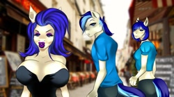 Size: 1280x719 | Tagged: safe, artist:roxy-artist, imported from derpibooru, oc, oc only, oc:moniker, oc:monique, oc:treforce, anthro, earth pony, big lips, distracted boyfriend meme, earth pony oc, eyeshadow, female, implied tail hole, looking back, makeup, male, mare, meme, stallion, tail