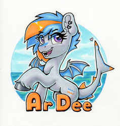 Size: 1791x1892 | Tagged: safe, artist:dandy, imported from derpibooru, oc, oc:gulfstream, original species, pony, shark, shark pony, badge, bat wings, con badge, copic, ear fluff, ear piercing, female, heart, looking at you, open mouth, open smile, piercing, sharp teeth, smiling, solo, teeth, text, traditional art, unshorn fetlocks, wings