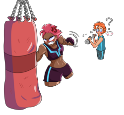 Size: 4000x3714 | Tagged: safe, artist:windywendy29, imported from derpibooru, sunburst, tempest shadow, human, beard, clothes, cross-popping veins, dark skin, dumbbell (object), duo, facial hair, female, fingerless gloves, glasses, gloves, gritted teeth, humanized, male, midriff, pants, punch, punching bag, question mark, shipping, shorts, simple background, sports bra, sports shorts, straight, sweatpants, tanktop, teeth, tempestburst, tomboy, transparent background, weights