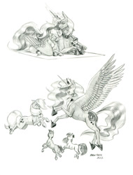 Size: 1050x1384 | Tagged: safe, artist:baron engel, imported from derpibooru, apple bloom, applejack, princess luna, oc, oc:stone mane (baron engel), alicorn, earth pony, pony, colt, female, filly, foal, male, mare, monochrome, pencil drawing, story included, traditional art