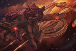 Size: 2499x1699 | Tagged: safe, artist:rattatatus78, imported from derpibooru, oc, oc only, oc:enderdan t'dark, alicorn, pony, akira-class, alicorn oc, angry, commission, cutie mark, detailed background, digital art, flying, horn, male, sharp teeth, solo, space, spaceship, spread wings, stallion, star trek, tail, teeth, wings