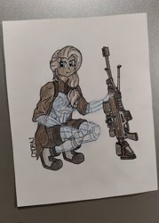 Size: 1469x2048 | Tagged: safe, artist:yognaughtsteve, imported from derpibooru, fluttershy, human, alternate hairstyle, armor, cloaked, gun, humanized, rifle, sniper rifle, solo, traditional art, weapon