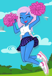 Size: 1313x1920 | Tagged: safe, artist:charliexe, artist:grapefruit-face, imported from derpibooru, oc, oc:radiant rail, bird, human, seagull, equestria girls, base used, cheerleader, cheerleader outfit, clothes, eyes closed, happy, jumping, midriff, motion blur, shoes, sneakers, socks, solo focus