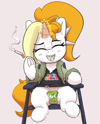 Size: 2249x2793 | Tagged: safe, artist:pabbley, imported from derpibooru, oc, oc only, oc:dyx, alicorn, pony, chair, clothes, female, filly, foal, grin, jacket, juice, juice box, magic, sitting, smiling, smoking, solo, strategically covered