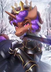 Size: 2480x3507 | Tagged: safe, alternate version, artist:fenwaru, imported from derpibooru, oc, oc only, pony, unicorn, snow, solo, sword, weapon