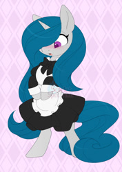 Size: 752x1063 | Tagged: safe, artist:scarlet-spectrum, imported from derpibooru, part of a set, oc, oc only, oc:pillow art, pony, unicorn, abstract background, bipedal, blushing, clothes, commission, cute, dress, female, hair over one eye, horn, long mane, long tail, looking down, maid, mare, ocbetes, open mouth, signature, solo, surprised, surprised face, tail, unicorn oc, watermark, ych result