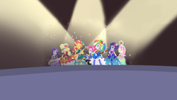 Size: 2560x1440 | Tagged: safe, imported from derpibooru, screencap, applejack, fluttershy, pinkie pie, rainbow dash, rarity, sci-twi, sunset shimmer, twilight sparkle, human, equestria girls, legend of everfree, confetti, female, humane five, humane seven, humane six, musical instrument, official, stage, stage light, the rainbooms, youtube banner