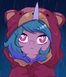 Size: 1376x1600 | Tagged: safe, artist:ravenirik, imported from derpibooru, izzy moonbow, pony, unicorn, clothes, costume, g5, kigurumi, looking at you, rain, serial experiments lain, solo