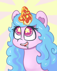 Size: 1536x1920 | Tagged: safe, artist:limitmj, imported from derpibooru, izzy moonbow, pony, unicorn, spoiler:my little pony: make your mark, drool, drool string, food, g5, izzy impaling things, licking, licking lips, looking up, my little pony: make your mark, open mouth, pizza, saliva puddle, salivating, scene interpretation, starry eyes, tongue out, wingding eyes
