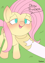 Size: 1294x1830 | Tagged: safe, artist:hyakuen, imported from derpibooru, fluttershy, princess celestia, alicorn, pegasus, pony, keep calm and flutter on, ..., all new, blushing, ear blush, female, flutterlestia, grass, hoof on chin, hoof shoes, hub logo, legs shaking, lesbian, lidded eyes, logo, looking at someone, offscreen character, scene interpretation, shipping, smiling, solo focus, text, the hub