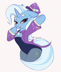 Size: 1000x1178 | Tagged: safe, artist:inkypuso, imported from derpibooru, trixie, pony, unicorn, bipedal, clothes, coat, corset, female, fishnets, floppy ears, hat, magician outfit, mare, open mouth, simple background, solo, top hat, white background