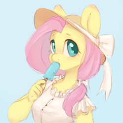 Size: 864x866 | Tagged: safe, artist:melodylibris, imported from derpibooru, fluttershy, anthro, pegasus, alternate hairstyle, clothes, colored pupils, cute, eating, eyebrows, eyebrows visible through hair, female, food, hat, light blue background, looking at you, mare, popsicle, shirt, shyabetes, simple background, solo, sun hat