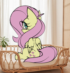 Size: 1204x1256 | Tagged: safe, artist:luxsimx, imported from derpibooru, fluttershy, pegasus, pony, cute, dog bed, shyabetes, sitting, solo, wingding eyes, wings