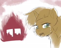 Size: 2644x2080 | Tagged: safe, artist:yajima, imported from derpibooru, pony, unicorn, crying, female, fire, horn, house, looking at you, mare, open mouth, solo, teary eyes