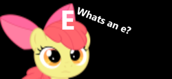 Size: 1350x629 | Tagged: safe, imported from derpibooru, apple bloom, earth pony, pony, black background, confused, e, female, low quality, sad, simple background, text, upscaled