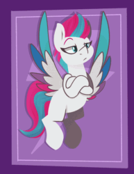 Size: 1416x1835 | Tagged: safe, artist:modularpon, imported from derpibooru, part of a set, zipp storm, pegasus, pony, animated, crossed arms, feathered wings, female, flapping wings, floating, flying, g5, lidded eyes, looking at you, mare, pegasus wings, raised eyebrow, solo, wings