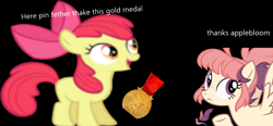 Size: 1350x629 | Tagged: safe, imported from derpibooru, apple bloom, earth pony, pegasus, pony, black background, female, gold medal, pinfether, simple background