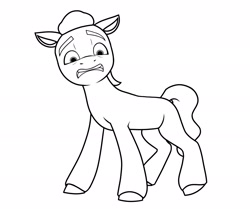 Size: 2405x2008 | Tagged: safe, artist:dancingkinfiend, derpibooru exclusive, imported from derpibooru, sprout cloverleaf, earth pony, pony, black and white, ears back, fear, frown, g5, grayscale, gritted teeth, high res, lineart, looking down, male, monochrome, my little pony: a new generation, raised eyebrow, raised hoof, raised leg, scared, simple background, solo, stallion, tail, teeth, terrified, wavy hair, wavy mane, wavy tail