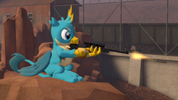 Size: 1920x1080 | Tagged: safe, artist:ponygamer2020, imported from derpibooru, gallus, griffon, 3d, bullet, criatures fortress 2, crossover, fingers, gun, horn, male, onomatopoeia, optical sight, quadrupedal, rifle, shooting, sniper, sniper rifle, solo, sound effects, source filmmaker, team fortress 2, that griffon sure does love weapons, weapon, wings