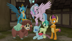 Size: 1920x1080 | Tagged: safe, artist:ponygamer2020, imported from derpibooru, gallus, ocellus, sandbar, silverstream, smolder, yona, changedling, changeling, classical hippogriff, dragon, earth pony, griffon, hippogriff, pony, yak, 3d, :3, :p, alternate mane six, bow, bunny ears (gesture), claws, cloven hooves, colored hooves, crossed arms, cute, diaocelles, diastreamies, dragoness, female, flying, folded wings, gallabetes, group, group photo, hair bow, looking at you, male, mane six opening poses, monkey swings, paws, raised arm, sandabetes, scene interpretation, smiling, smiling at you, smolderbetes, source filmmaker, spread wings, stallion, standing, student six, tail, teenager, tongue out, wings, yonadorable