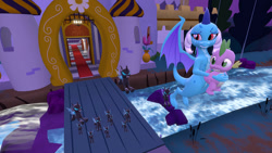 Size: 1280x720 | Tagged: safe, artist:ponygamer2020, imported from derpibooru, princess ember, spike, changeling, dragon, a canterlot wedding, 3d, alternate ending, canterlot, canterlot wedding 10th anniversary, dragoness, escape, female, fleeing, flying, good end, holding, male, overprotective, protecting, source filmmaker