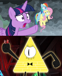 Size: 2254x2729 | Tagged: safe, edit, edited screencap, imported from derpibooru, screencap, fluttershy, rainbow dash, twilight sparkle, alicorn, pegasus, pony, season 9, the ending of the end, spoiler:s09, bill cipher, dipper pines, disney, flying, gravity falls, mabel pines, open mouth, shrunken pupils, twilight sparkle (alicorn), weirdmageddon