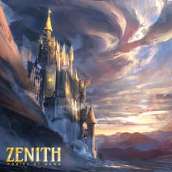 Size: 1200x1200 | Tagged: safe, artist:amaryllis_no, imported from derpibooru, canterlot castle, castle, cloud, implied princess celestia, mountain, no pony, ponies at dawn, scenery, text