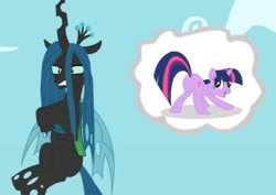 Size: 392x277 | Tagged: safe, artist:mrponiator, imported from twibooru, queen chrysalis, twilight sparkle, changeling, changeling queen, pony, unicorn, a canterlot wedding, season 2, butt, cloud, crown, face down ass up, female, holes, horn, image, jewelry, looking back, needs more jpeg, plot, regalia, sky, smiling, thought bubble, twibutt, unamused, unicorn twilight, wings, youtube link